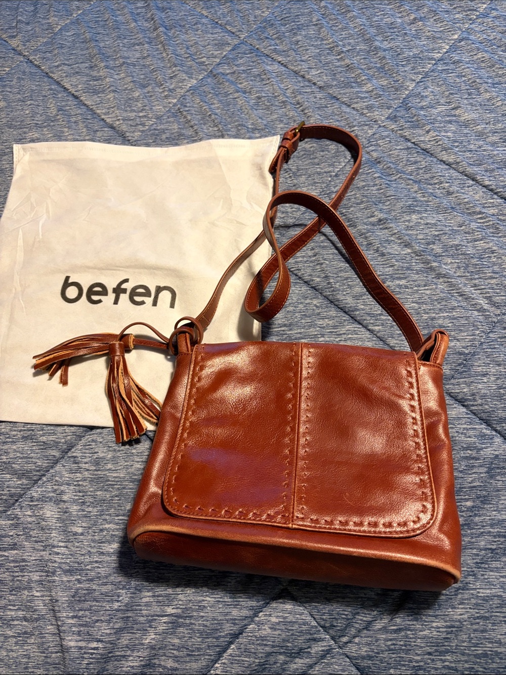Befen Brown Leather Crossbody Bag with Tassel Accent